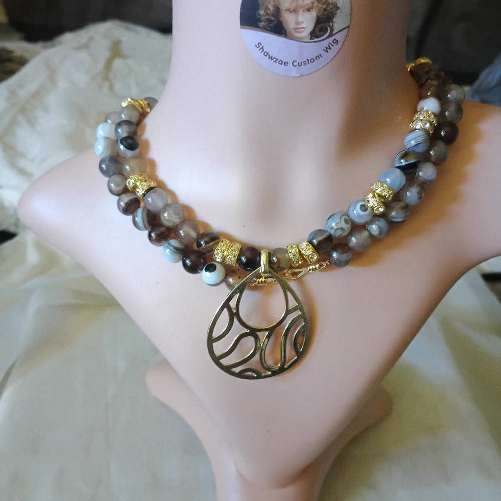 Vintage 14K Gold filled Pendant and Brown Agate Gemstone with Rhinestone Necklac